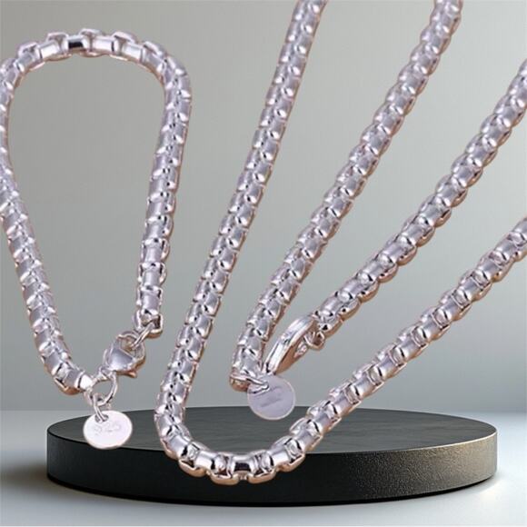 925 Sterling Silver 2PCS 4mm Round Box Chain Necklace 18” Bracelet 7” set unisex - Picture 1 of 6